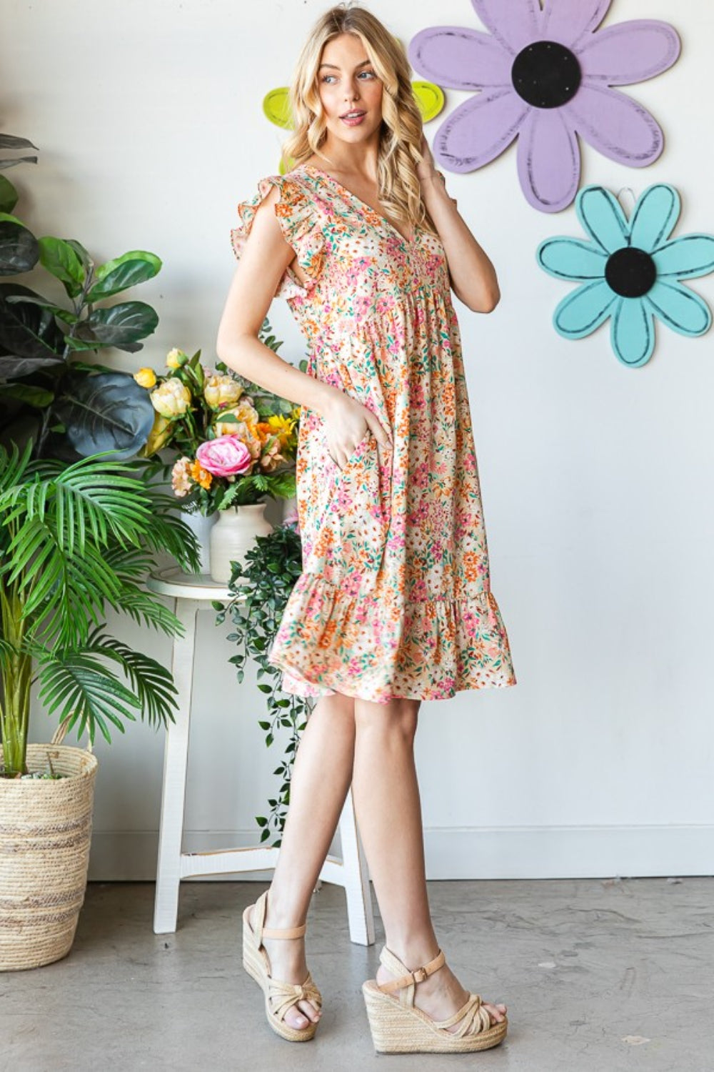 Heimish Full Size Floral Ruffled V-Neck Dress